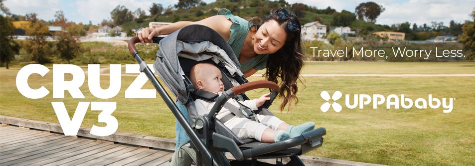 UPPAbaby CRUZ V3 stroller with mom and baby outdoors, travel-friendly design for easy parenting