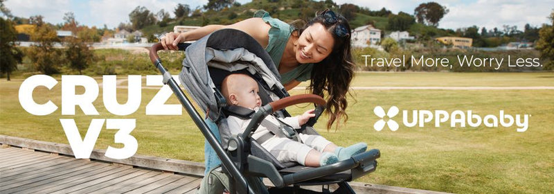 UPPAbaby CRUZ V3 stroller with mom and baby outdoors, travel-friendly design for easy parenting