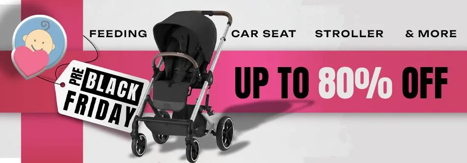Black stroller on sale up to 80% off for Pre Black Friday, featuring baby gear like car seats and feeding items