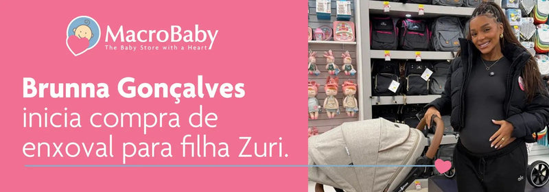Pregnant woman shopping for baby stroller at MacroBaby store, holding belly near nursery gear