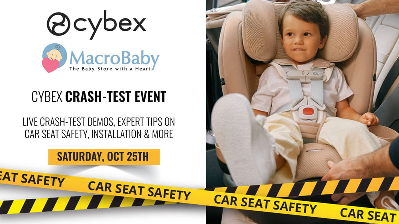 Child in Cybex car seat at safety event with caution tape, promoting car seat safety and installation tips