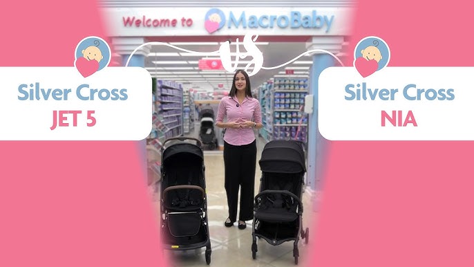 Silver Cross Jet 5 and NIA strollers compared in store with presenter