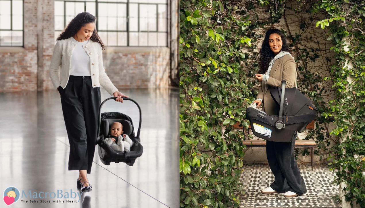 Mom carrying newborn in portable infant car seat, ideal for strollers and travel, shown in urban and garden settings