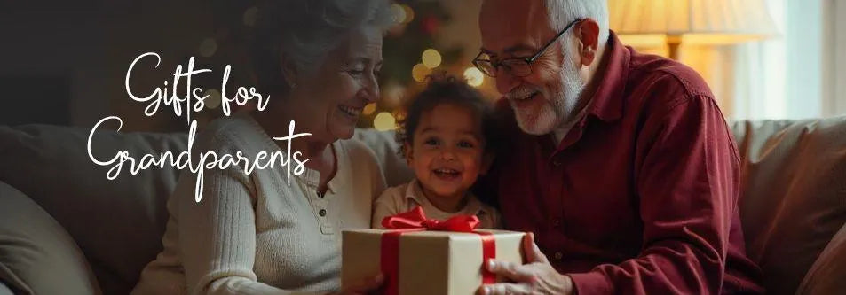 Grandparents smiling with child holding gift box, cozy living room setting