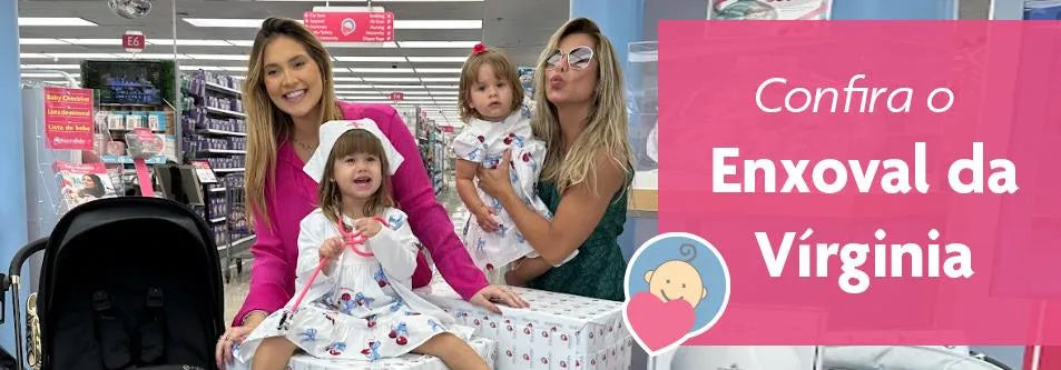 Mom and kids in baby store with stroller, Virginia gift box, and playful child in nurse outfit