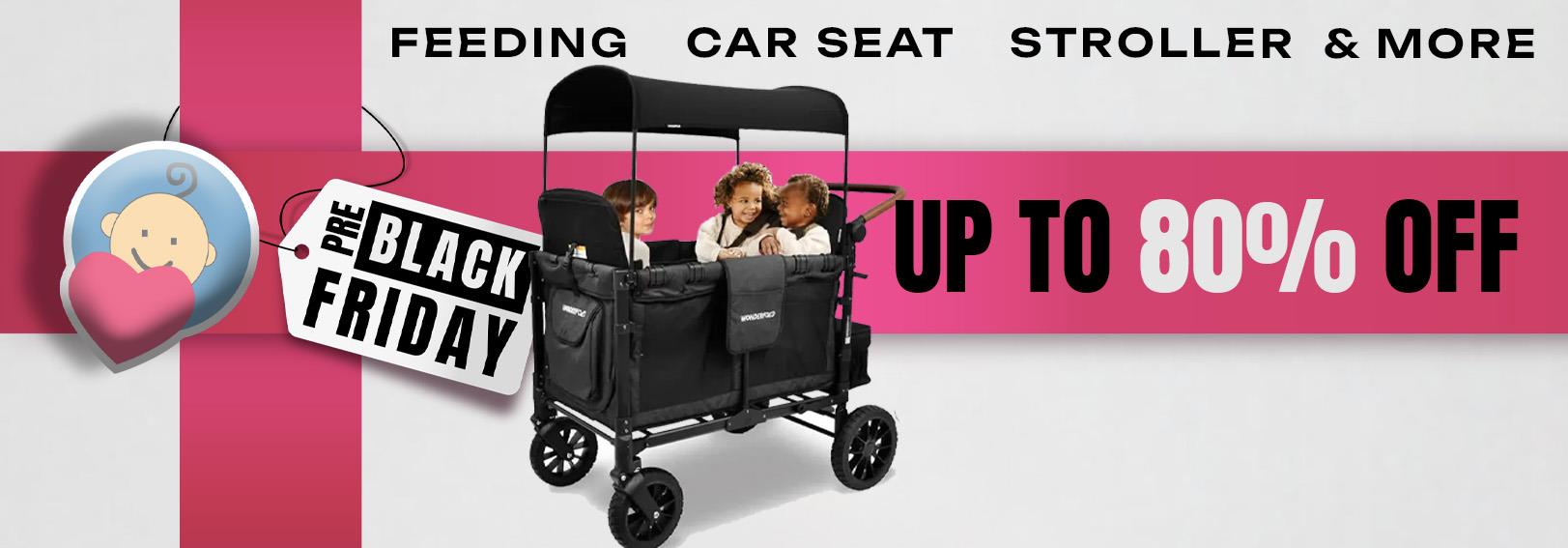 Black multi-child stroller with canopy, kids inside, Pre Black Friday sale up to 80% off