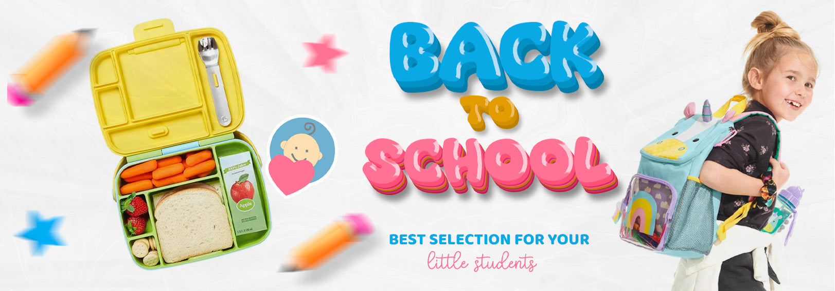 Back to school essentials: colorful lunchbox with snacks and a child with a unicorn backpack