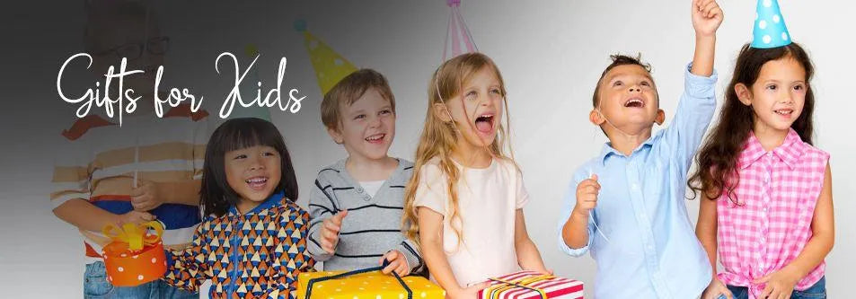 Happy kids celebrating with birthday hats and colorful gifts, perfect for children's parties and gift ideas