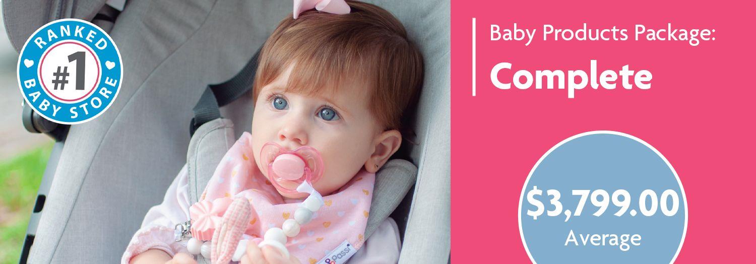 Baby in stroller with pacifier, wearing pink bib, featured in complete baby products package
