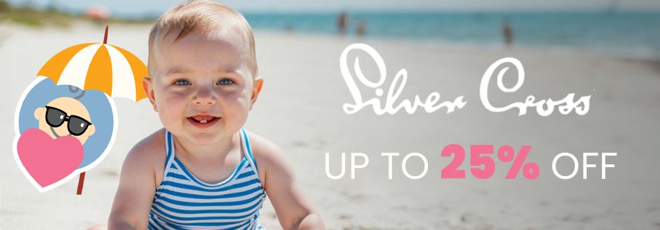 Baby in striped swimsuit on beach with Silver Cross sale up to 25% off