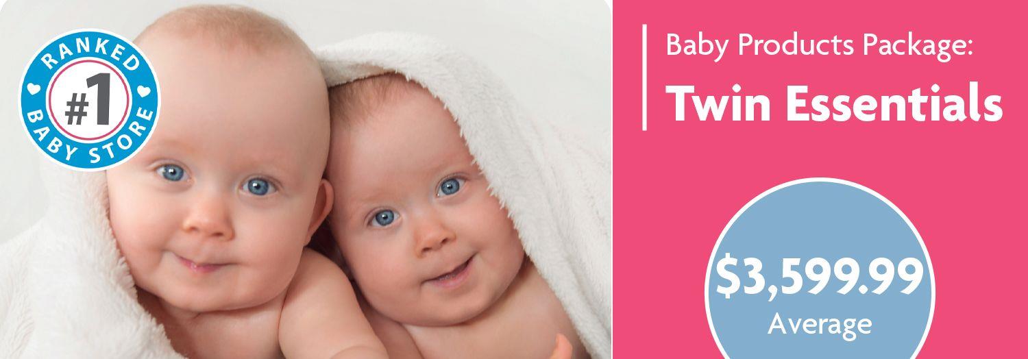 Twin babies wrapped in white towels, smiling for Twin Essentials baby products package