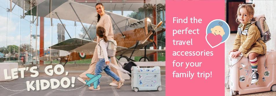 Mom and child with luggage at airport, perfect travel accessories for family trips