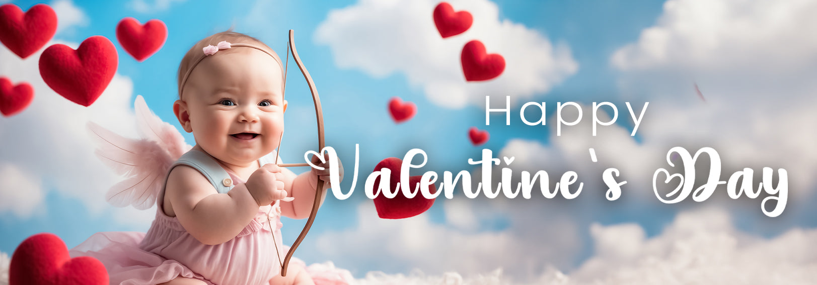 Baby Cupid in pink dress with bow, red hearts, and Happy Valentine's Day text on cloudy sky background