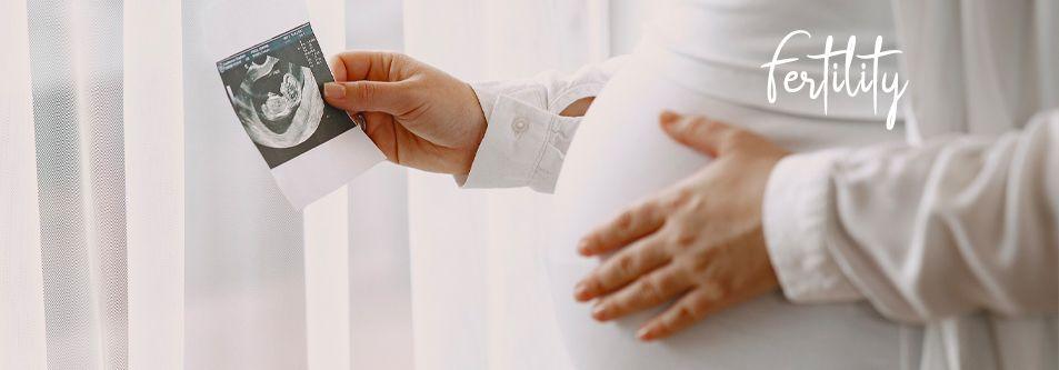 Pregnant woman holding ultrasound image, gently cradling belly near window, fertility concept