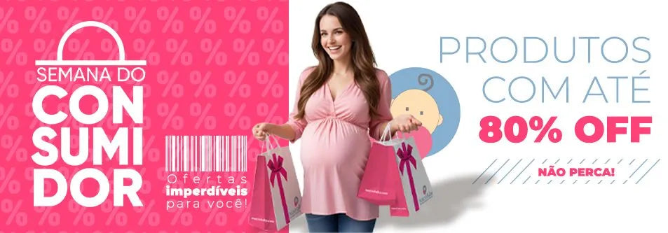 Pregnant woman holding shopping bags with baby products, 80% off sale promotion