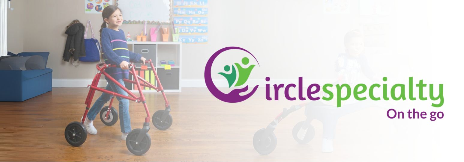 Child using red mobility walker in playroom, Circle Specialty On the Go logo