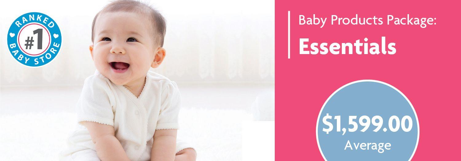 Smiling baby in white onesie with Baby Products Package Essentials offer