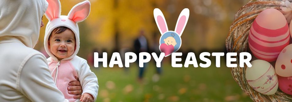 Happy Easter baby in bunny costume with decorated eggs, perfect for spring celebrations