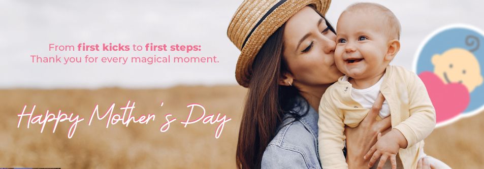 Happy Mother's Day: Mom kissing baby in field, celebrating first kicks to first steps with joy