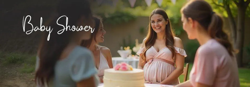 Pregnant woman smiling at outdoor baby shower with friends and cake