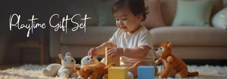 Baby playing with plush toys and blocks in a cozy living room setting