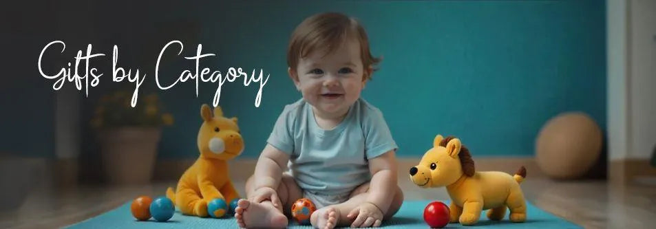 Smiling baby playing with plush toys and colorful balls on play mat, ideal baby gifts by category