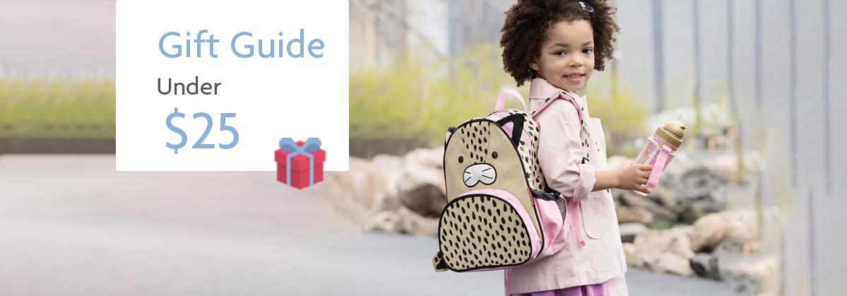 Child with animal print backpack and water bottle, gift guide under $25