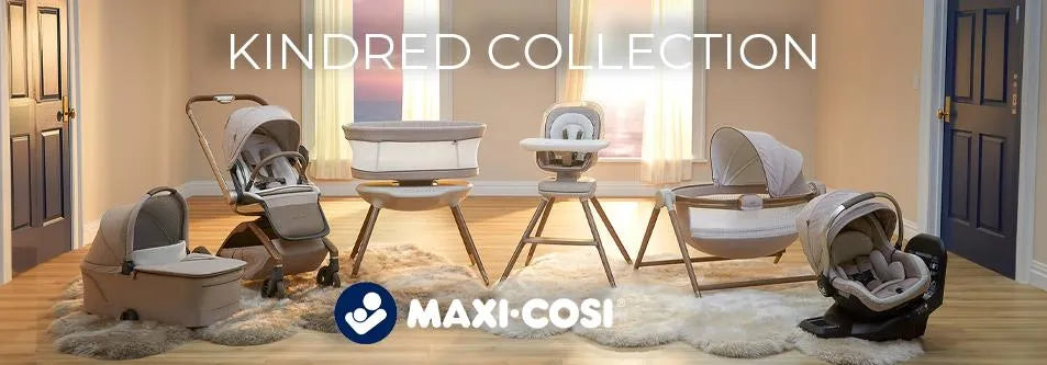 Maxi-Cosi Kindred Collection baby gear including stroller, car seat, bassinet, high chair, and changing station