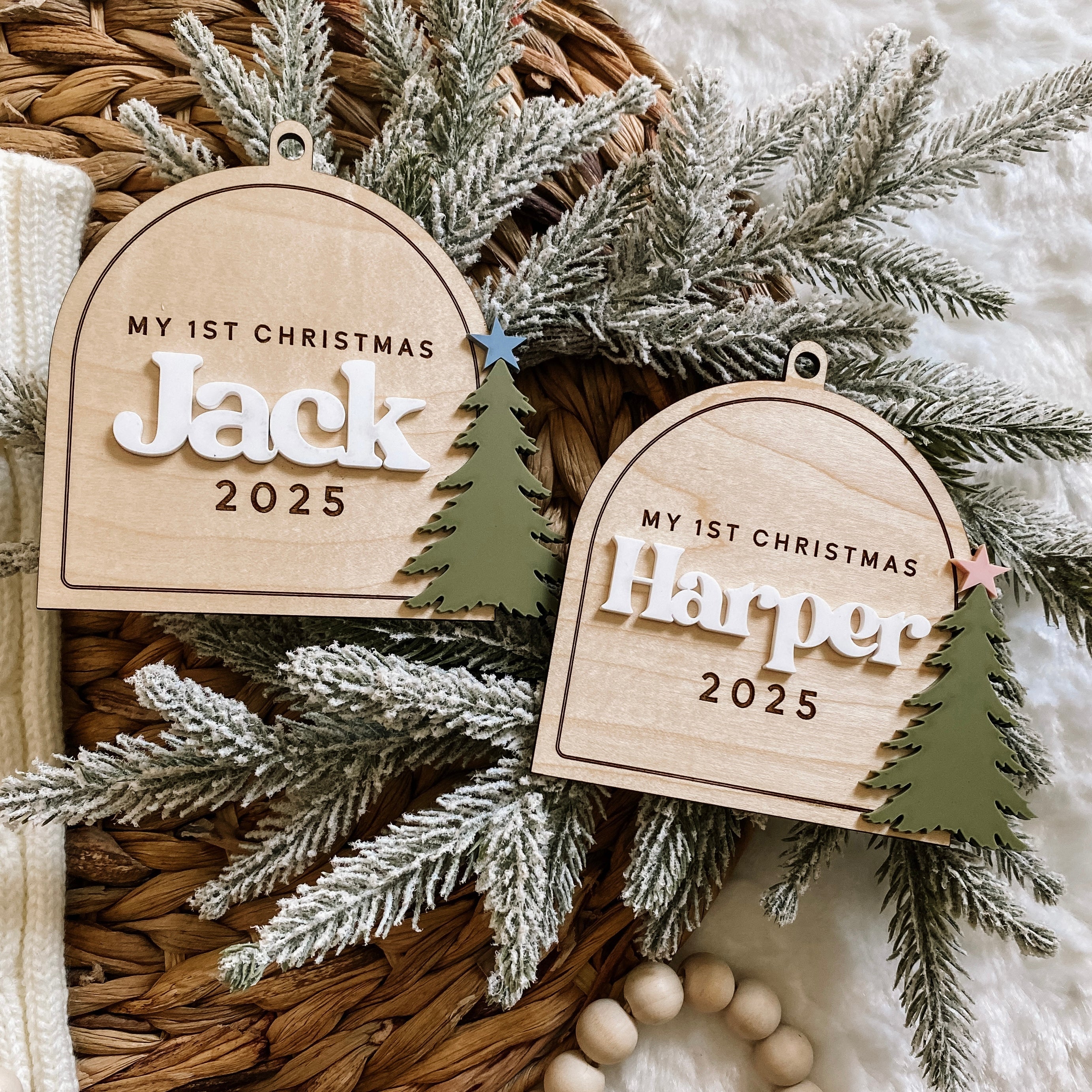 Personalized 'My 1st Christmas' ornaments for Jack & Harper 2025, wooden keepsakes with tree design on festive wreath