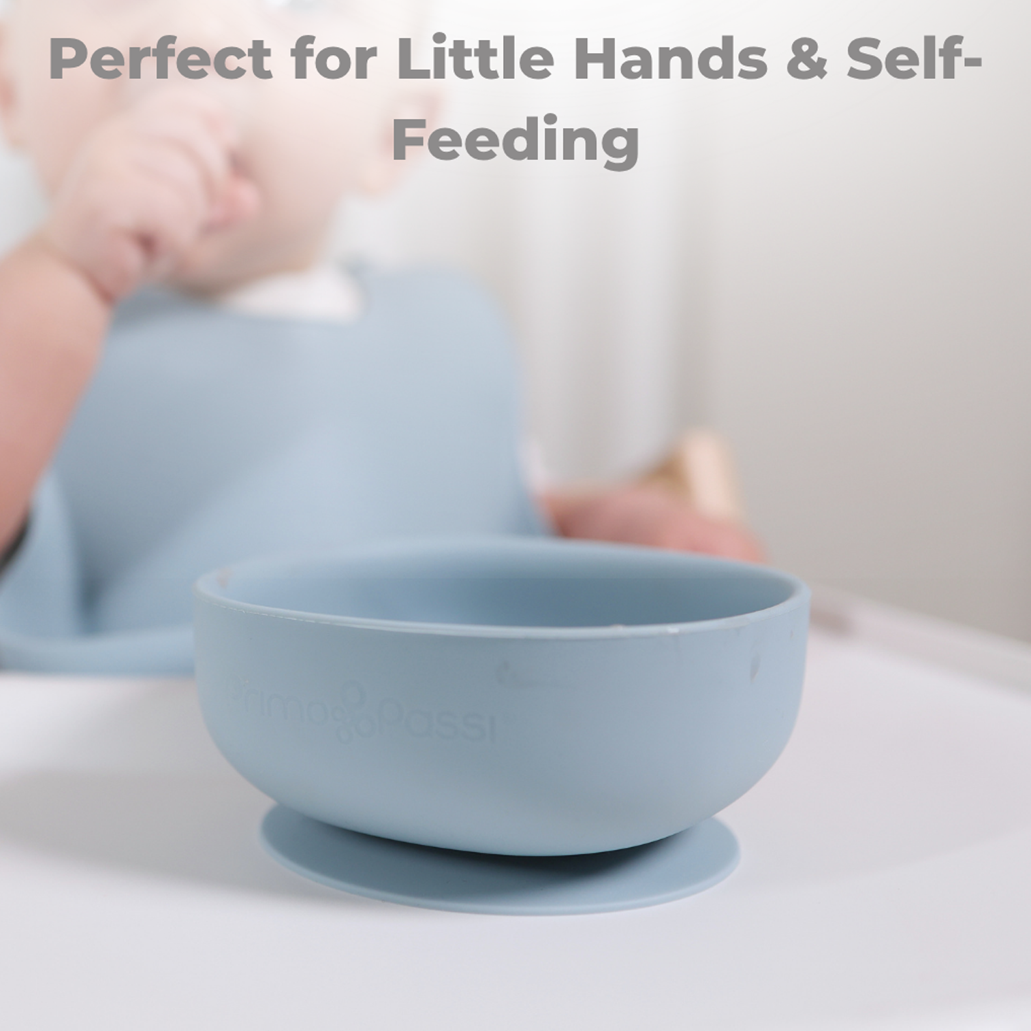 Primo Passi - Silicone Carrot Freezer + Food Feeder + Spoon 2-Pack + Suction Bowl + Suction Plate + Training Cup And Snack Cup - Dusty Blue