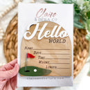 Hello World baby announcement sign with golf theme, birth details card, Claire & Bella Co.