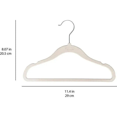 Cream baby velvet hanger measuring 11.4 inches wide and 8.07 inches tall, featuring a silver hook and 3 Sprouts logo.