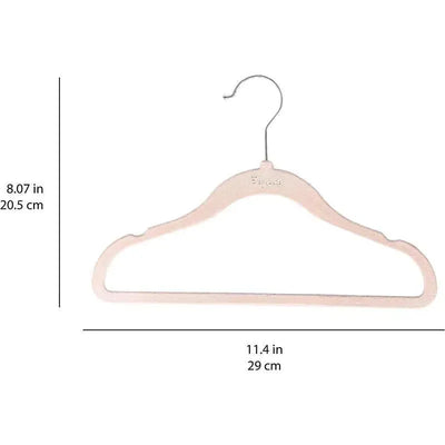 Pink velvet baby hanger from 3 Sprouts, measuring 8.07 inches high and 11.4 inches wide.