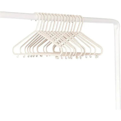 15 pack of speckled cream baby hangers displayed on a white rod, designed for clothing organization.