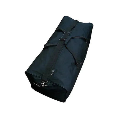 Black duffle bag with a zippered top and adjustable shoulder strap, designed for sports and travel use.