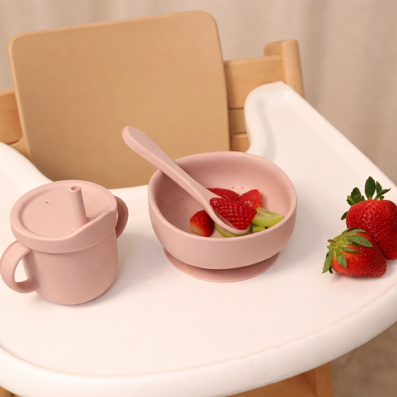 Primo Passi - Silicone Carrot Freezer + Food Feeder + Spoon 2-Pack + Suction Bowl + Suction Plate + Training Cup And Snack Cup - Rose Pink