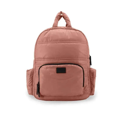 Diaper backpack in rose dawn color featuring multiple pockets and a padded design for comfort and practicality.