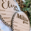 Custom Scalloped Edge Hello World Birth Stat Sign