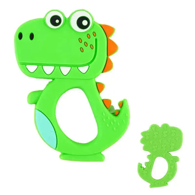Green dinosaur silicone teething toy by Busy Baby Mat with textured surfaces for babies