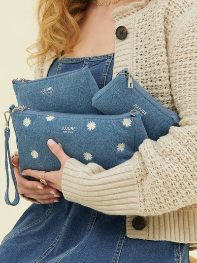 3-Piece Pouch Clutch Purse Set, Denim & Daisies Image 2