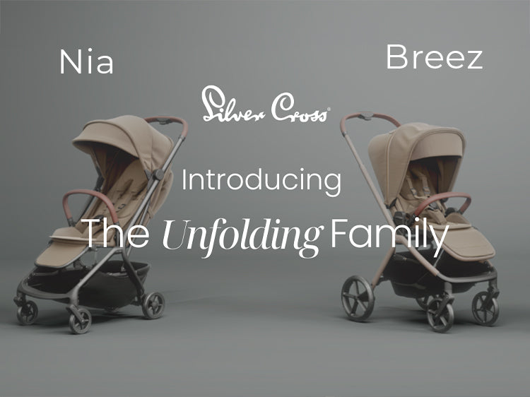 Two baby strollers labeled 'Nia' and 'Breez' with Silver Cross branding on a gray background.