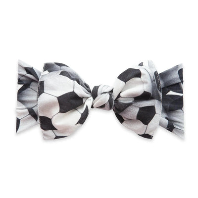 Baby Bling Bows printed knot headband with black and white soccer ball pattern