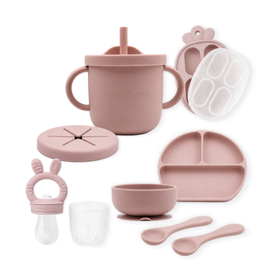 Primo Passi - Silicone Carrot Freezer + Food Feeder + Spoon 2-Pack + Suction Bowl + Suction Plate + Training Cup And Snack Cup - Rose Pink