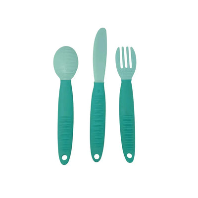 Busy Baby Mat turquoise baby eating utensil set including spoon, knife, and fork