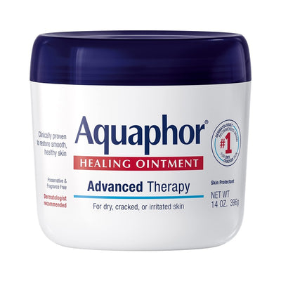Aquaphor Healing Ointment jar featuring a white container with a dark blue lid, labeled for dry, cracked, or irritated skin.