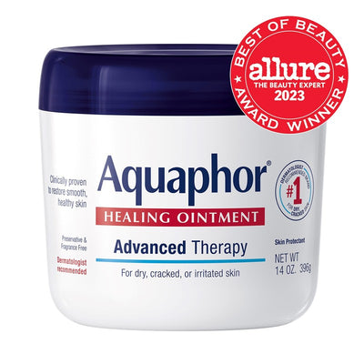 Aquaphor Healing Ointment in a 14 oz jar, labeled for advanced therapy for dry, cracked, or irritated skin.