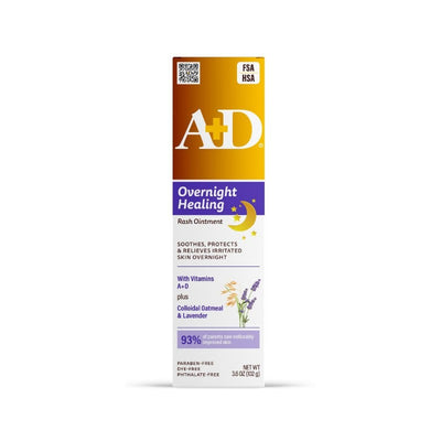 A+D Overnight Healing Diaper Rash Ointment, 3.6 oz, soothes and protects irritated skin overnight with vitamins A+D, colloidal oatmeal, and lavender.