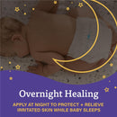 A+D Overnight Healing Diaper Rash Ointment with text promoting nighttime use to protect and relieve irritated skin while baby sleeps.