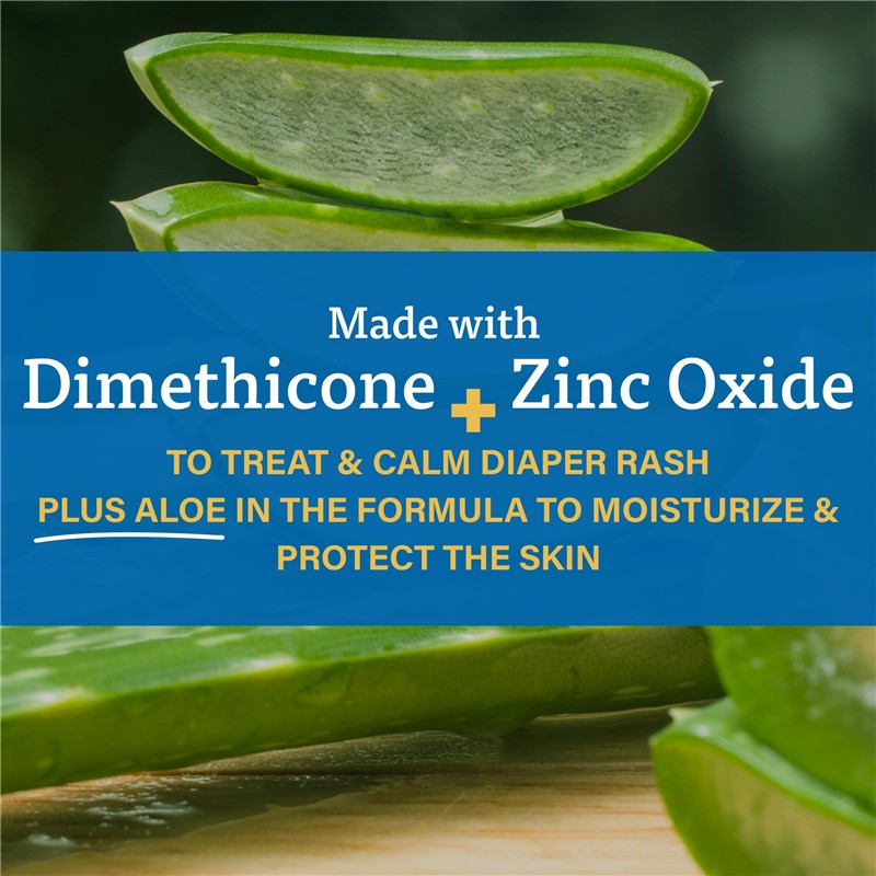 A+D Zinc Oxide Diaper Rash Treatment Cream highlighted with aloe, featuring text about its ingredients and benefits for baby skin care.