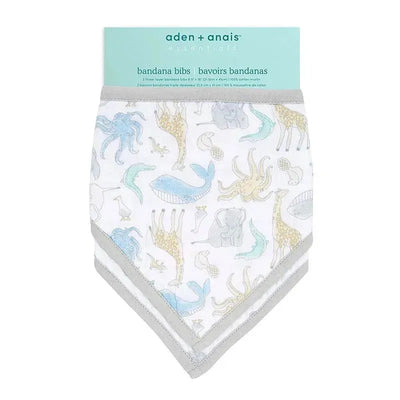 Two-pack of Aden+Anais bandana bibs featuring playful animal designs in soft colors and a gray trim.